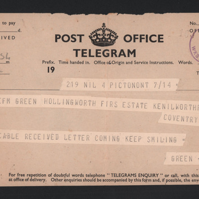 Telegram from Alan Green to his Father